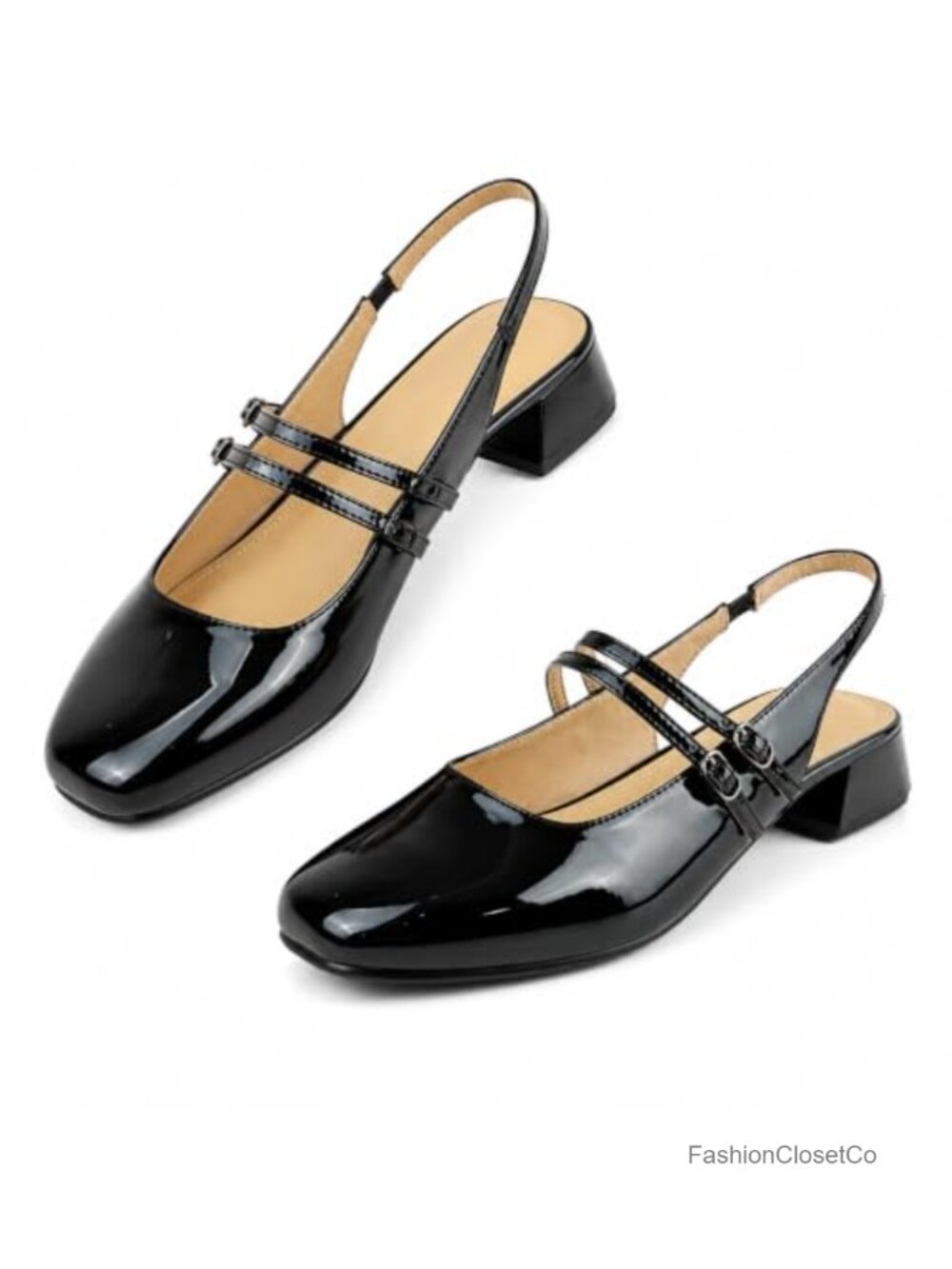 Women's Slingback Mary Jane Pumps Block Heel Faux Leather Adjustable Straps